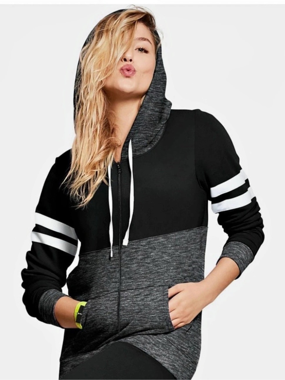 PINK Color Block Zip Hoodie in Black & Gray